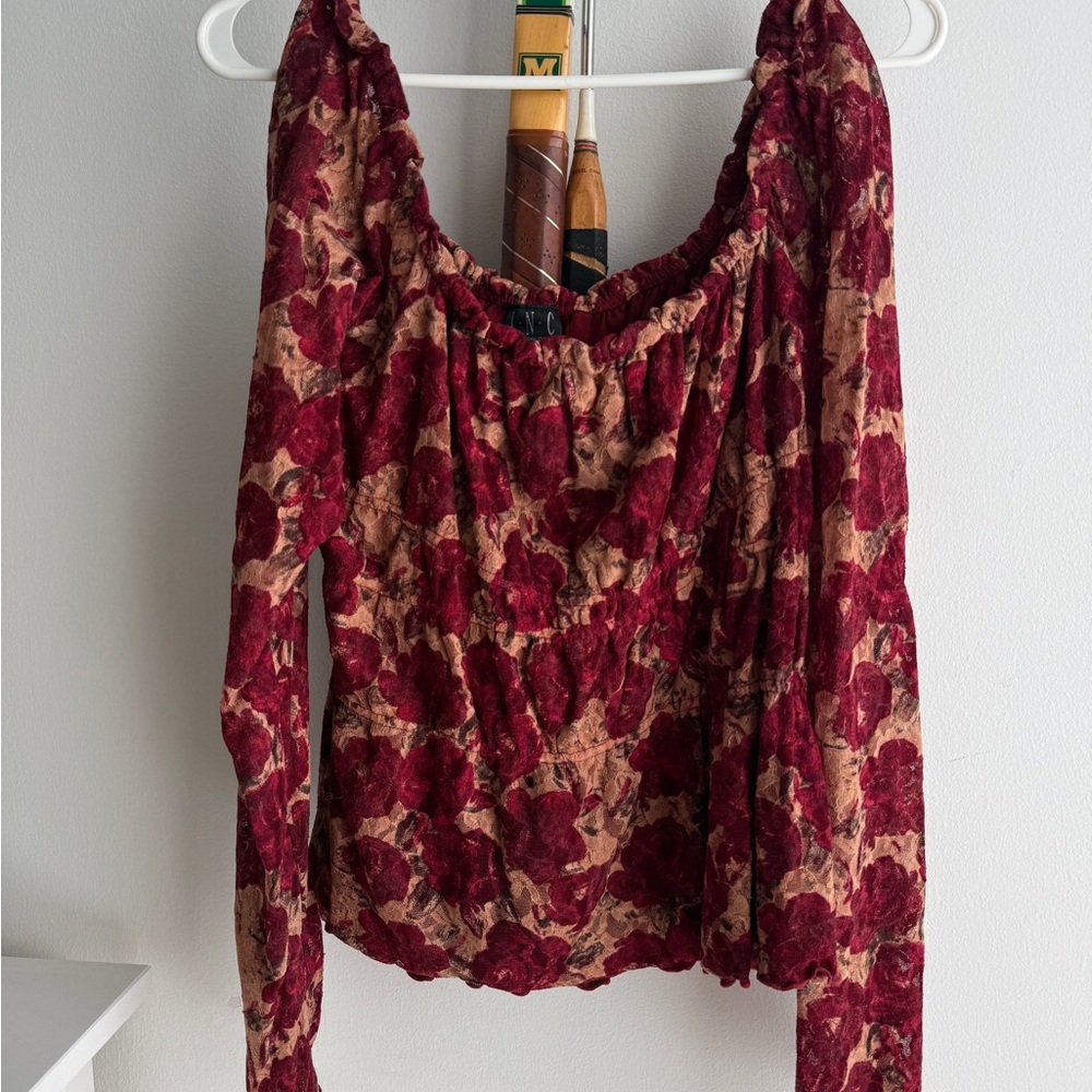INC International Concepts Burgundy and Beige Floral Blouse